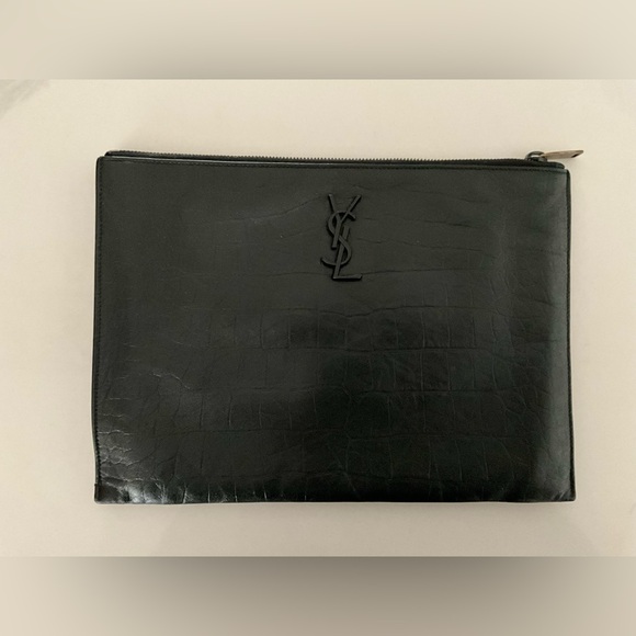 Saint Laurent Classic Monogram Zip Pouch Crocodile Embossed Leather Medium Black - Picture 2 of 11